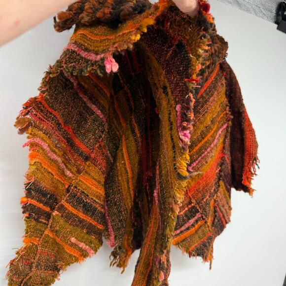 Woven Dream Designs Wool Poncho Shawl Women OS Orange Brown Striped Textured USA - Picture 4 of 6